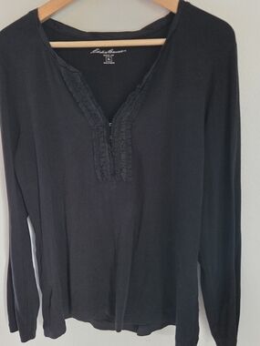 Eddie Bauer Black Long-Sleeve Ruffle V-Neck Henley Top Size XL Basic Classic